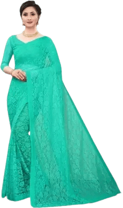     			Vkaran Net Cut Outs Saree With Unstitched Blouse Piece ( Turquoise )