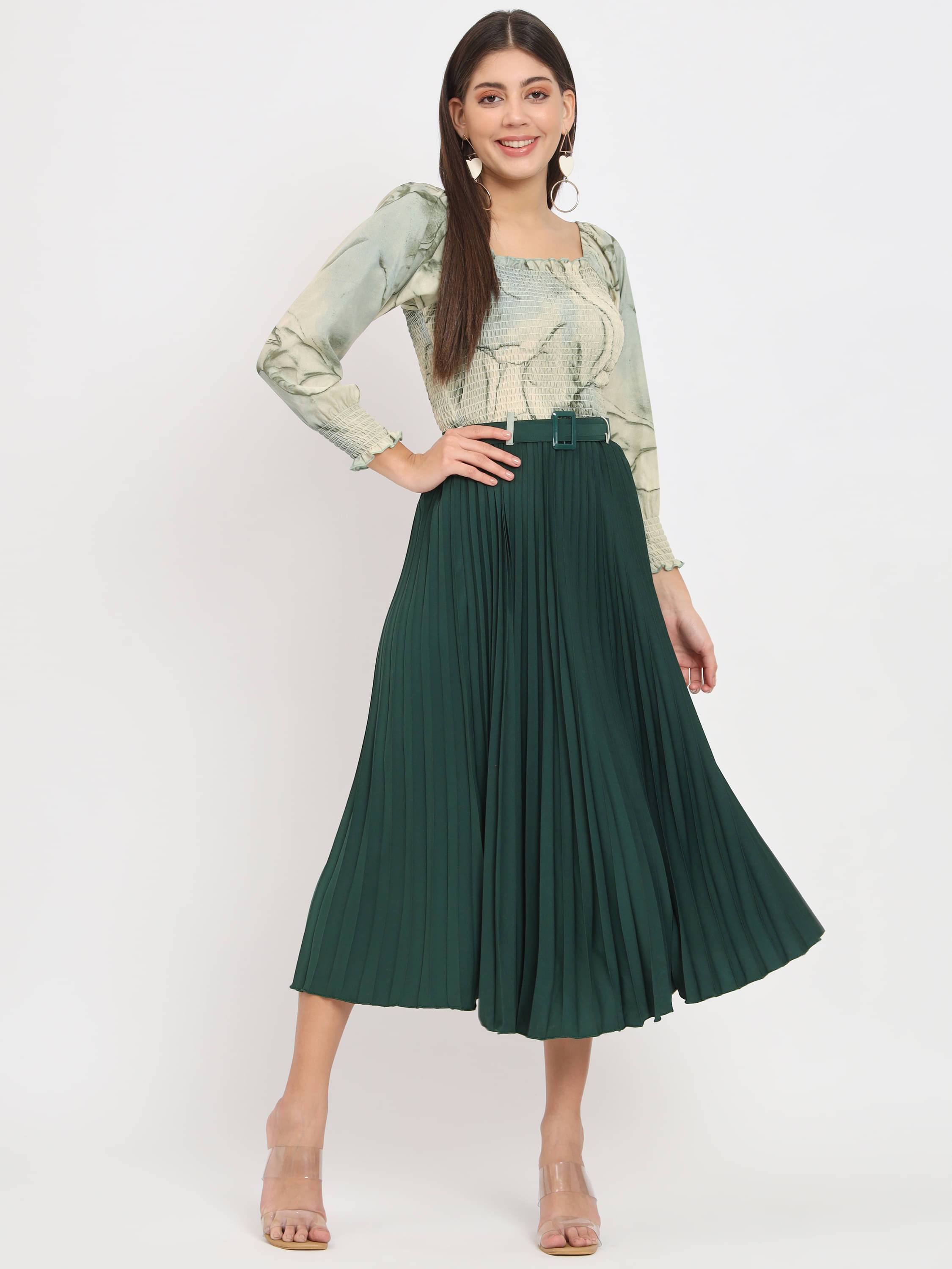 ZWERLON Crepe Printed Midi Women's Fit & Flare Dress - Green ( Pack of 1 ) ZWERLON Crepe Printed Midi Women's Fit & Flare Dress - Green ( Pack of 1 )