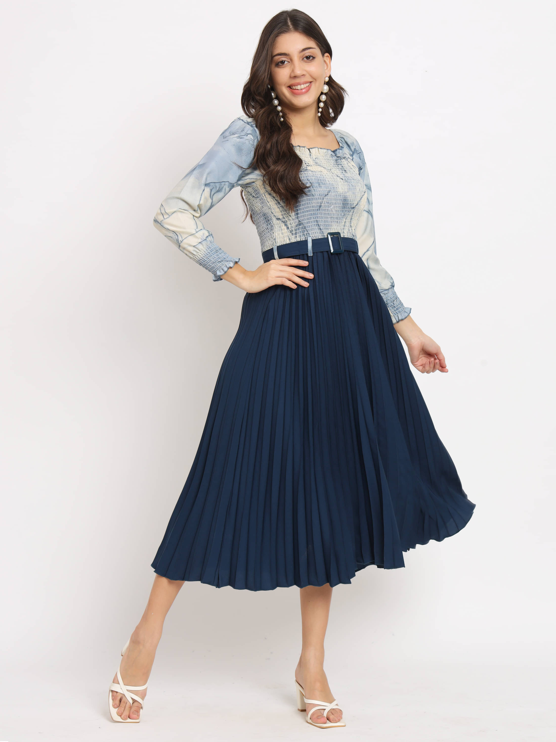    			ZWERLON Women Crepe Self Design Fit & Flare Dress ( Blue )
