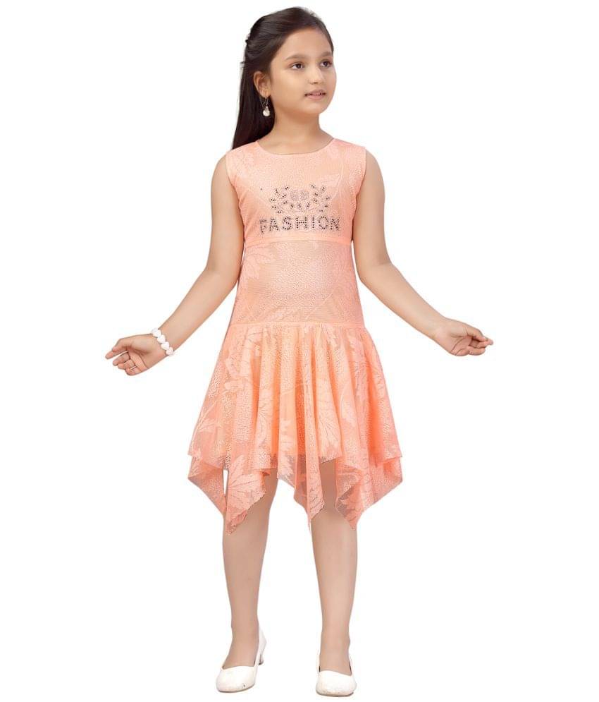 Aarika Net Asymmetric Dress For Girls ( Pack of 1 , Peach ) Aarika Net Asymmetric Dress For Girls ( Pack of 1 , Peach )