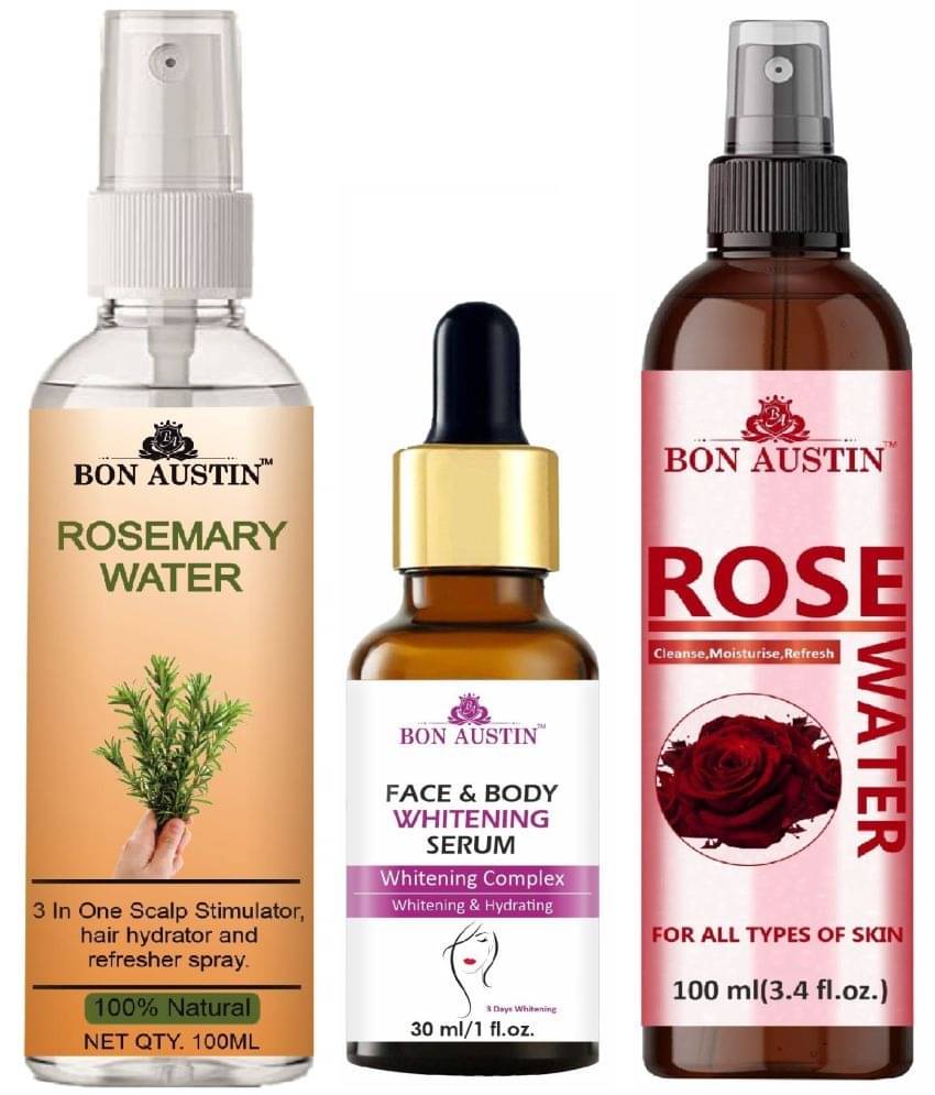 Bon Austin Natural Rosemary Water | Hair Spray For Regrowth (100ml), Face and Body Whitening Serum 30ML & Natural Rose Water 100ml - Set of 3 Items Bon Austin Natural Rosemary Water | Hair Spray For Regrowth (100ml), Face and Body Whitening Serum 30ML & Natural Rose Water 100ml - Set of 3 Items