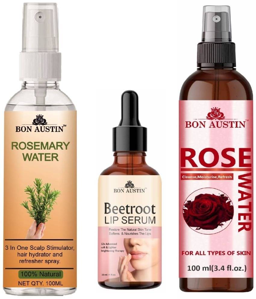 Bon Austin Natural Rosemary Water | Hair Spray For Regrowth (100ml), Beetroot Lip Serum 30ML & Natural Rose Water 100ml - Set of 3 Items Bon Austin Natural Rosemary Water | Hair Spray For Regrowth (100ml), Beetroot Lip Serum 30ML & Natural Rose Water 100ml - Set of 3 Items