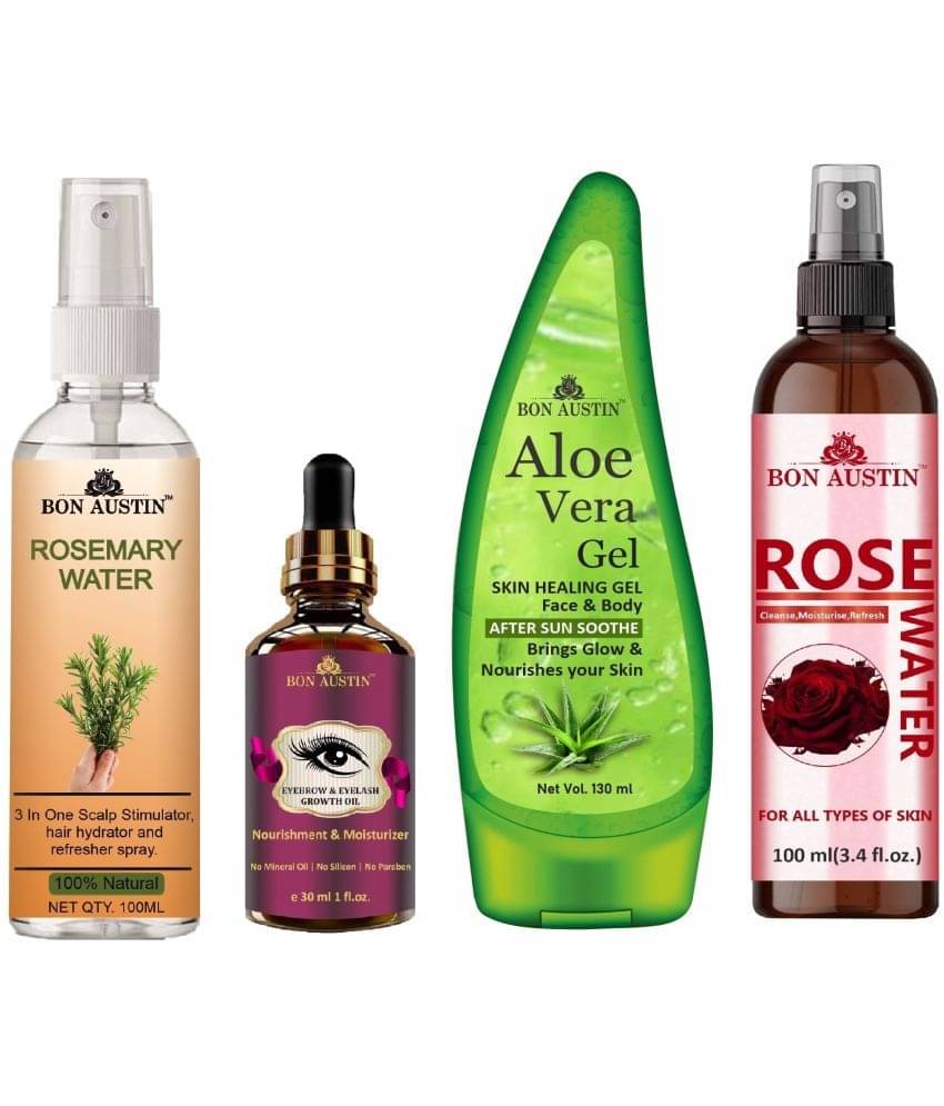Bon Austin Rosemary Water Hair Spray For Regrowth (100ml), Eyebrow and Eyelash Growth Oil 30ML, Aloe Vera Face Gel 130ML& Natural Rose Water 100ml - Set of 4 Items Bon Austin Rosemary Water Hair Spray For Regrowth (100ml), Eyebrow and Eyelash Growth Oil 30ML, Aloe Vera Face Gel 130ML& Natural Rose Water 100ml - Set of 4 Items