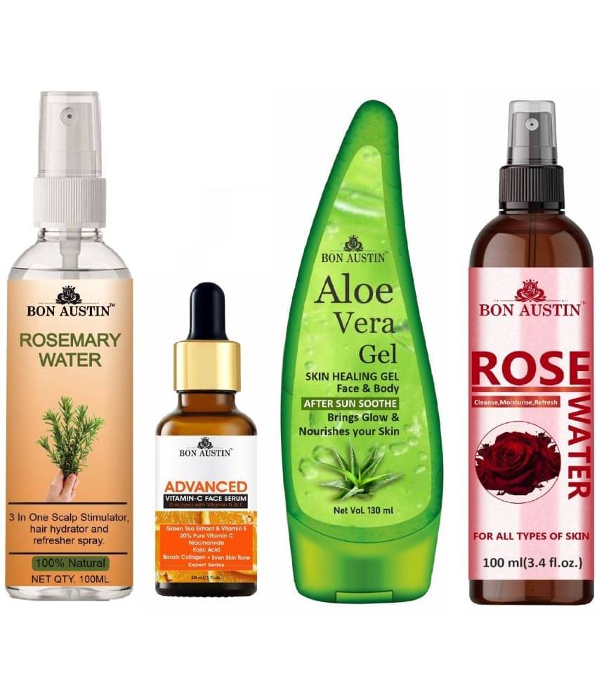Bon Austin Rosemary Water Hair Spray For Regrowth (100ml), Advance Vitamin C Face Serum 30ML, Aloe Vera Face Gel 130ML & Natural Rose Water 100ml - Set of 4 Items Bon Austin Rosemary Water Hair Spray For Regrowth (100ml), Advance Vitamin C Face Serum 30ML, Aloe Vera Face Gel 130ML & Natural Rose Water 100ml - Set of 4 Items