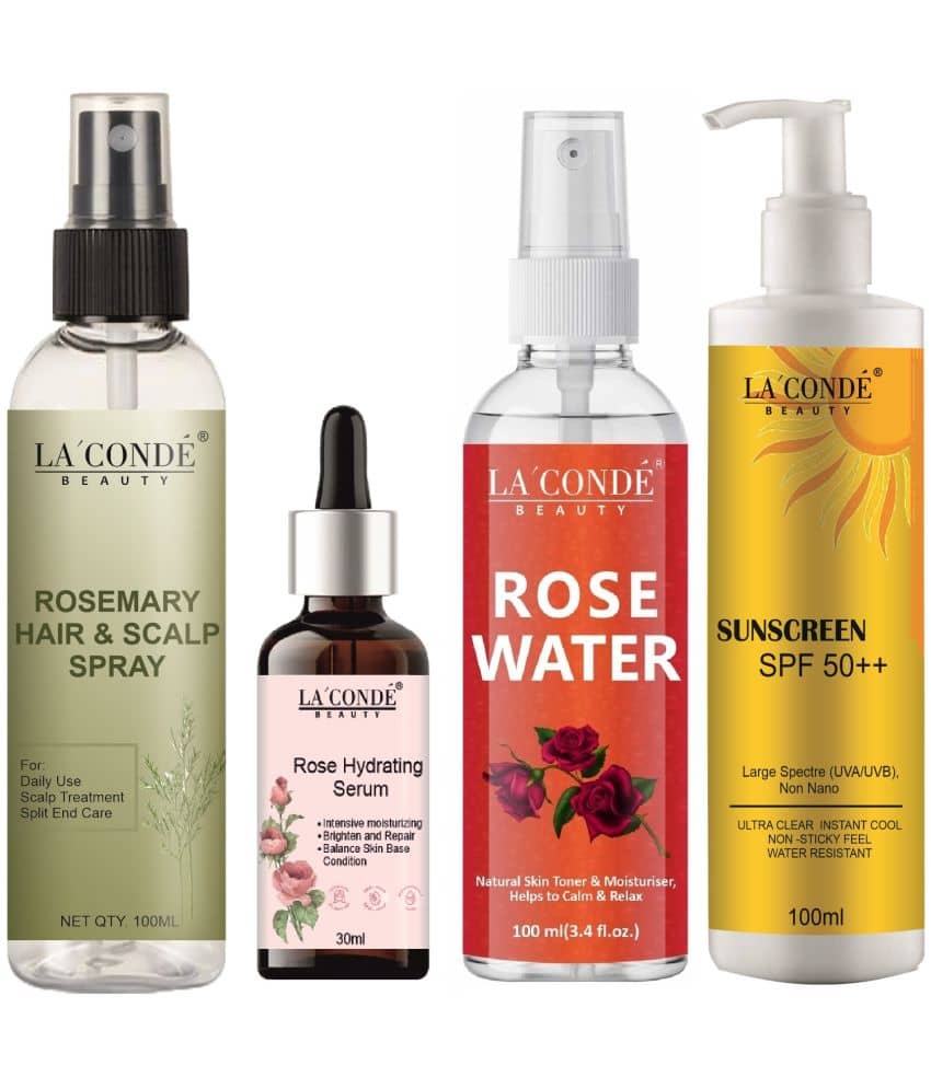 La'Conde Beauty Rosemary Water | Hair Spray For Regrowth 100ml, Rose Hydrating Serum for Brighten Skin 30ml, Natural Rose Water 100ml & Sunscreen Cream with SPF50+ 100ml - Combo of 4