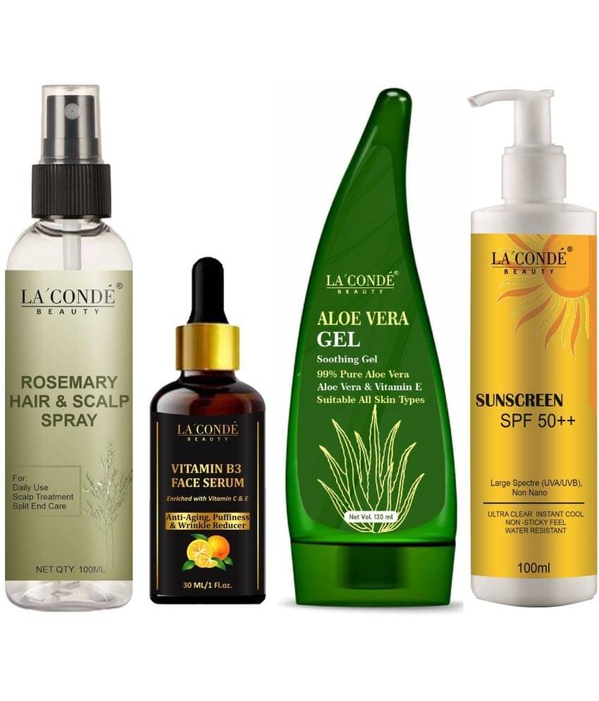 La'Conde Beauty Rosemary Water | Hair Spray For Regrowth 100ml, Vitamin B3 Face Serum 30ml, Natural Aloe Vera Gel 130ml & Sunscreen Cream with SPF50+ 100ml - Combo of 4 La'Conde Beauty Rosemary Water | Hair Spray For Regrowth 100ml, Vitamin B3 Face Serum 30ml, Natural Aloe Vera Gel 130ml & Sunscreen Cream with SPF50+ 100ml - Combo of 4