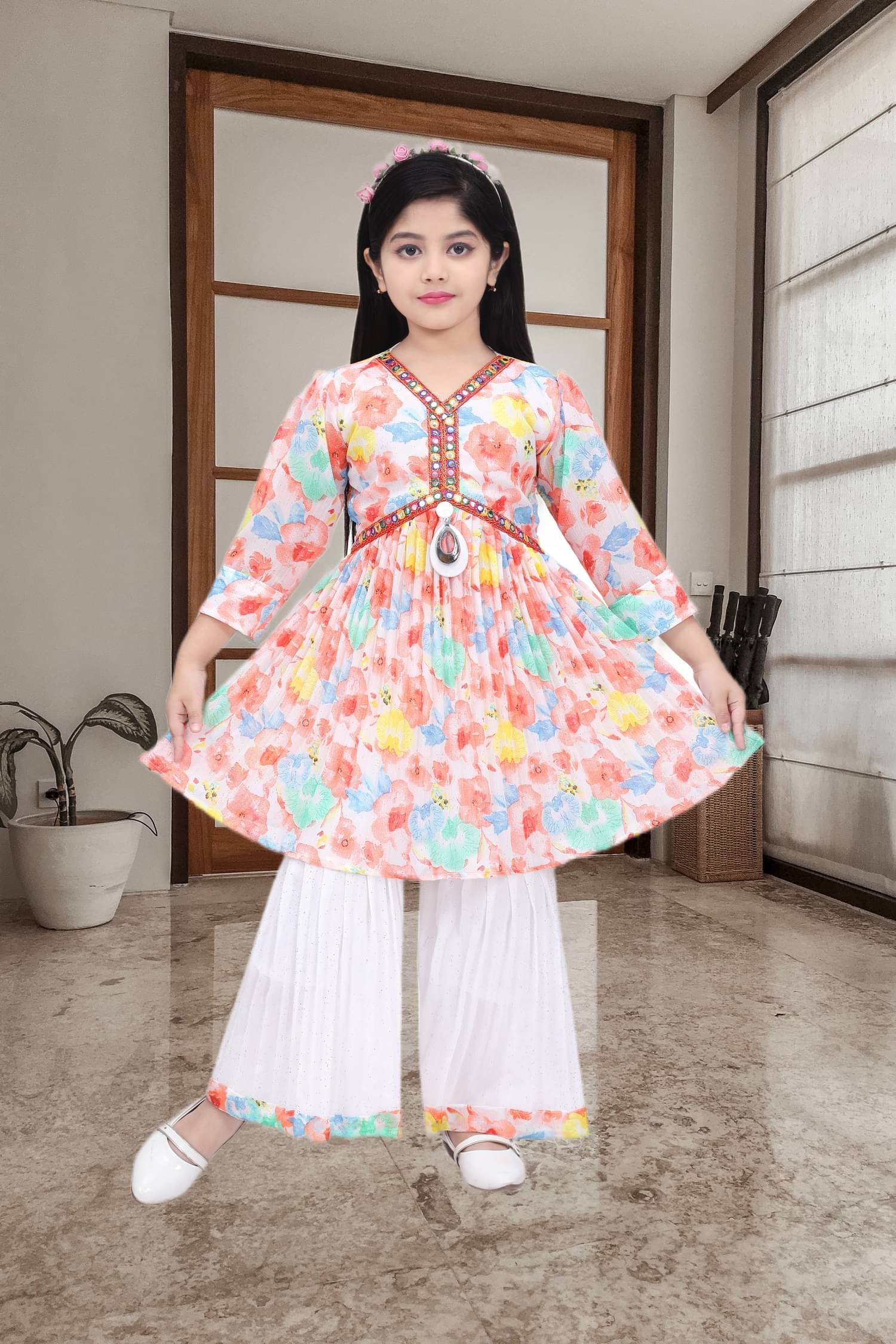     			NEWSIFA Orange Cotton Blend Girls Kurti With Palazzo ( Pack of 1 )