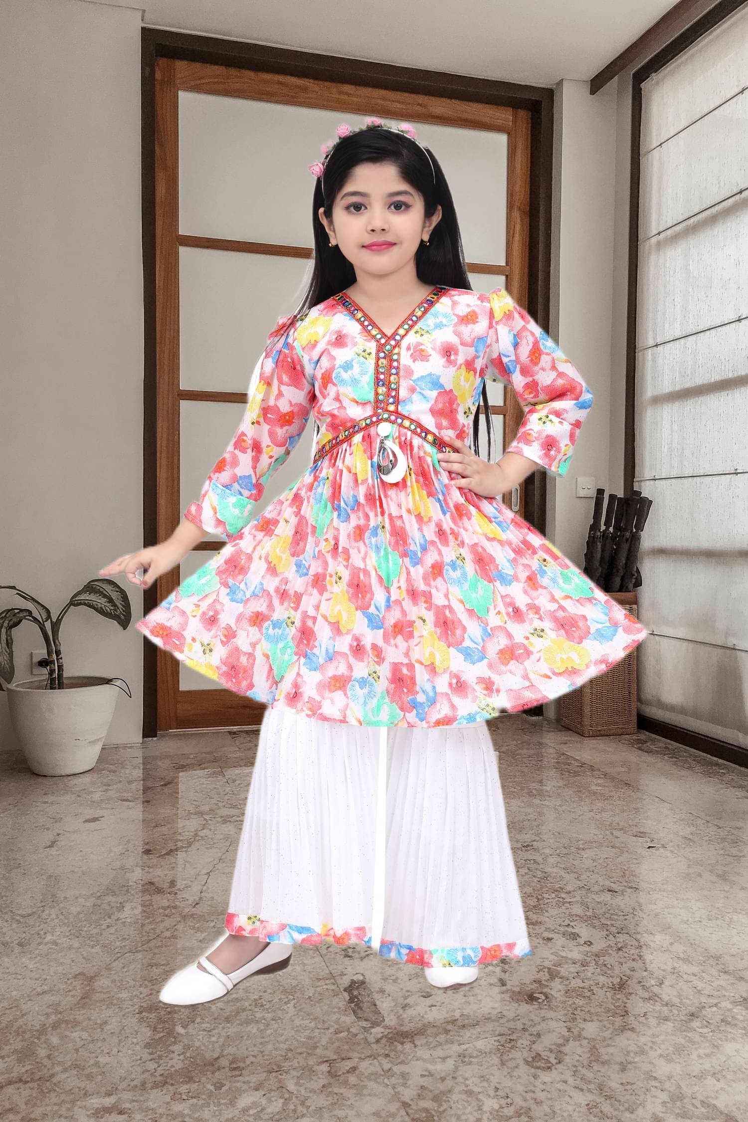 NEWSIFA Red Cotton Blend Girls Kurti With Palazzo ( Pack of 1 ) NEWSIFA Red Cotton Blend Girls Kurti With Palazzo ( Pack of 1 )
