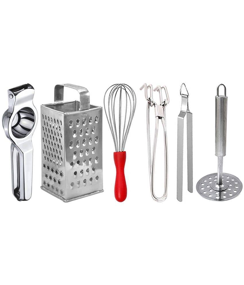 OC9 Silver Stainless Steel Lemon Squezer,8in1Grater,Whisk,Pakad,Chimta,Masher ( Set of 6 )