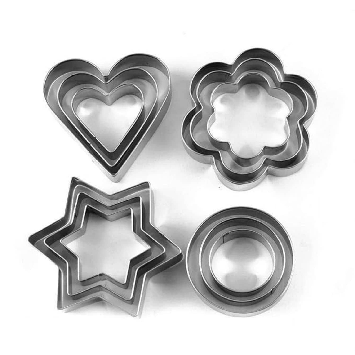 SHB Stainless Steel Cookie Cutter Shapes for Kids Flower, Round, Heart, Star Biscuit Metal Molds Cutters for Kitchen,Baking,Cutlet, Pastry Tools - 12 pcs Each Set