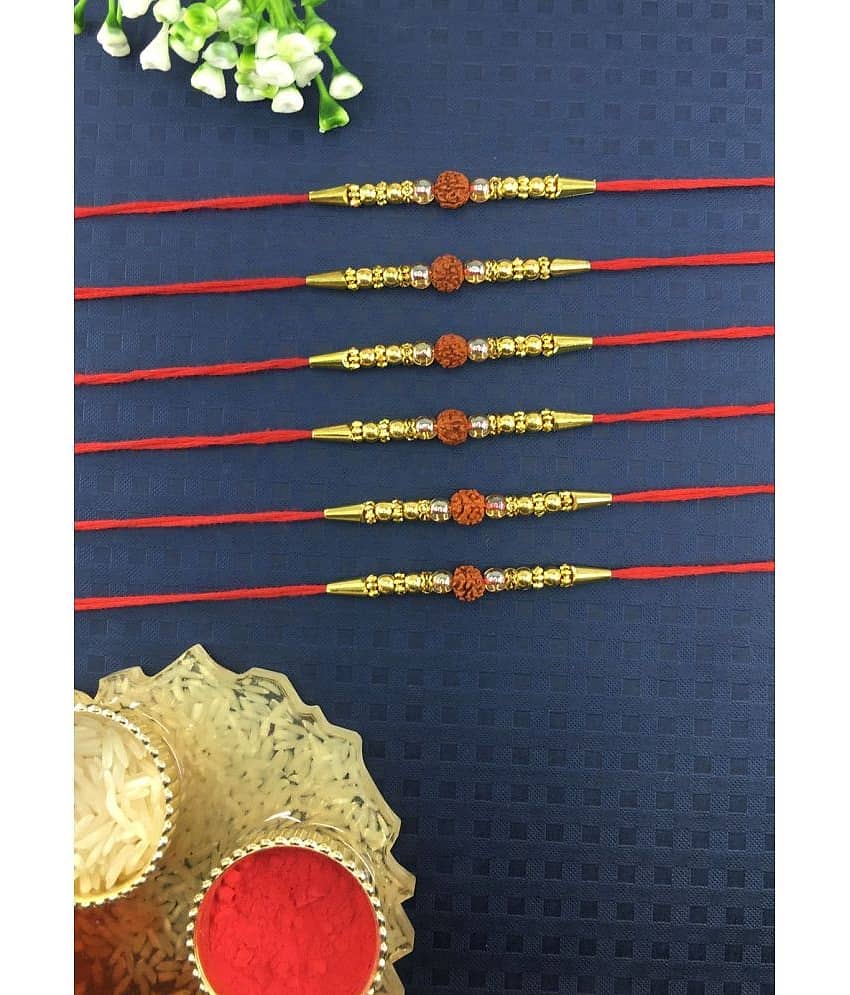 THRIFTKART Rakhi Set Brown 6PC COMBO Brown Rudraksh & Pearl Rakhi FOR BROTHER Pack of 6 - Bangles & Bracelets | Buy online on ZillyBuy