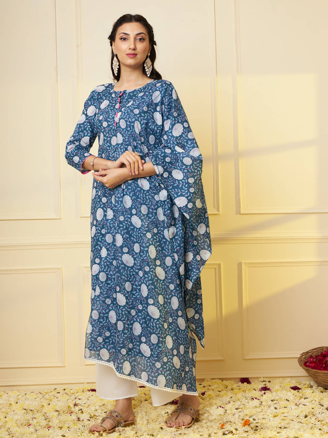     			Tissu Cotton Printed Kurti With Palazzo Women's Stitched Salwar Suit - Blue ( Pack of 1 )