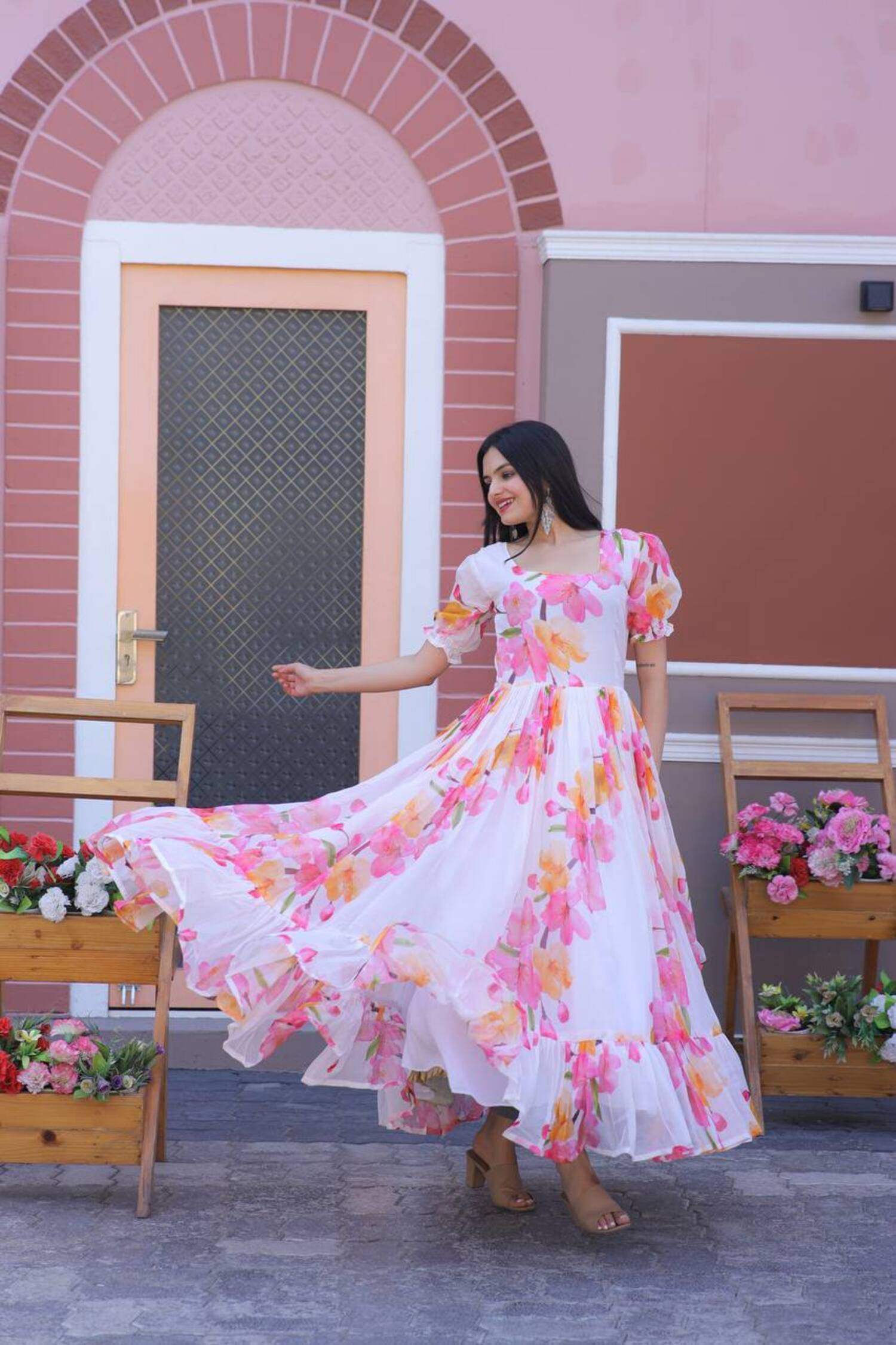 Trijal Fab Women Georgette Printed Gown ( White )     			Trijal Fab Women Georgette Printed Gown ( White )