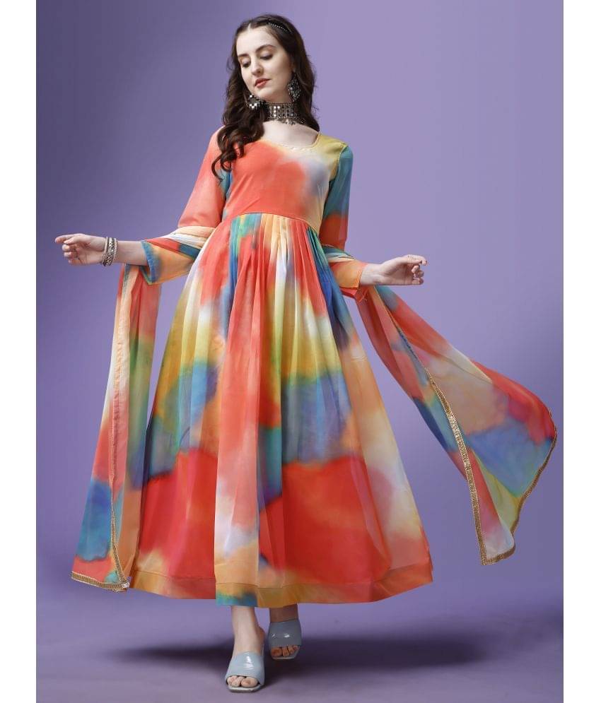Trijal Fab Multicolor Anarkali Georgette Women's Stitched Ethnic Gown ( Pack of 1 )     			Trijal Fab Multicolor Anarkali Georgette Women's Stitched Ethnic Gown ( Pack of 1 )
