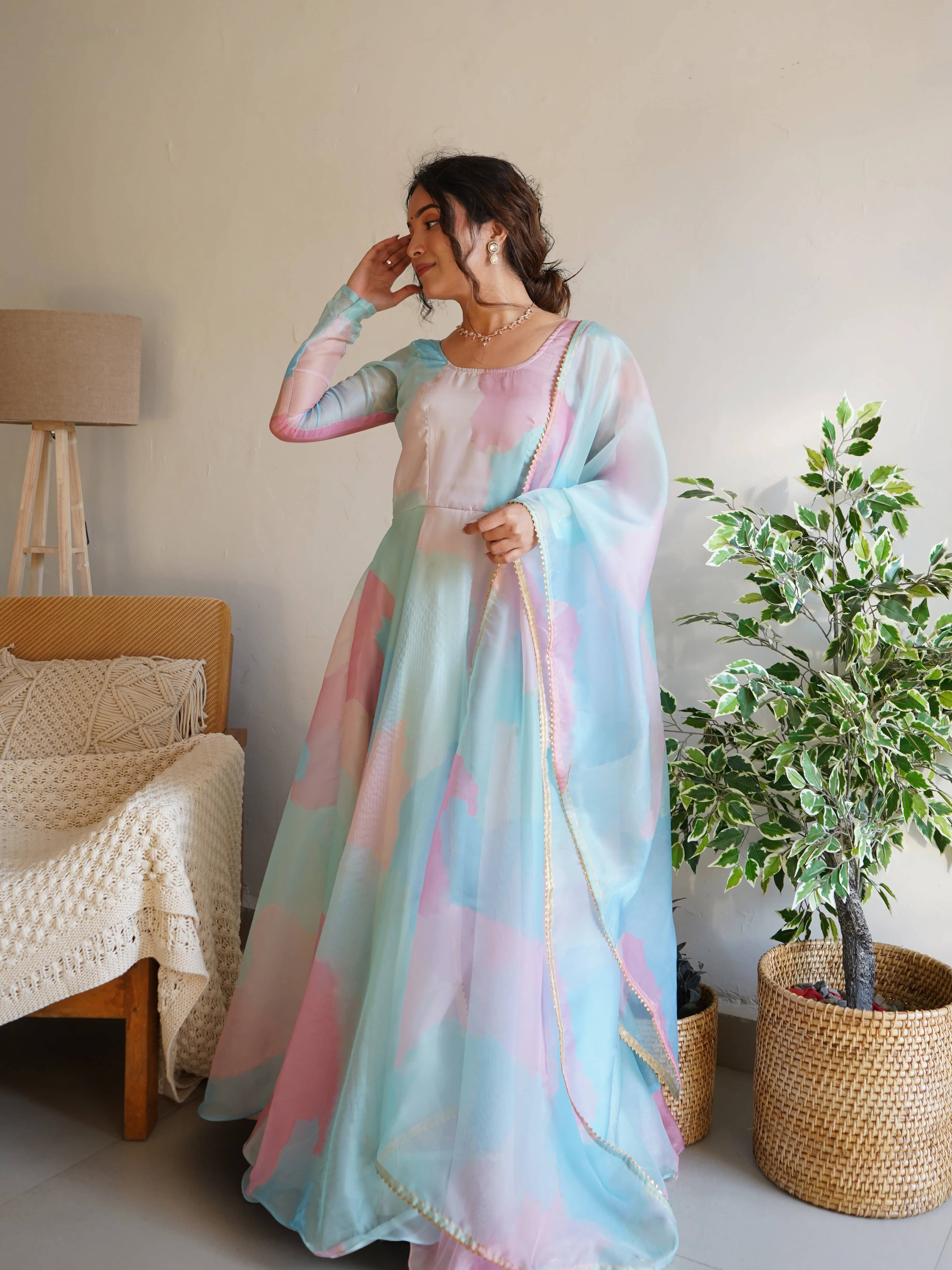 Trijal Fab Turquoise Anarkali Georgette Women's Stitched Ethnic Gown ( Pack of 1 ) - Unstitched Fabrics | Buy online on ZillyBuy