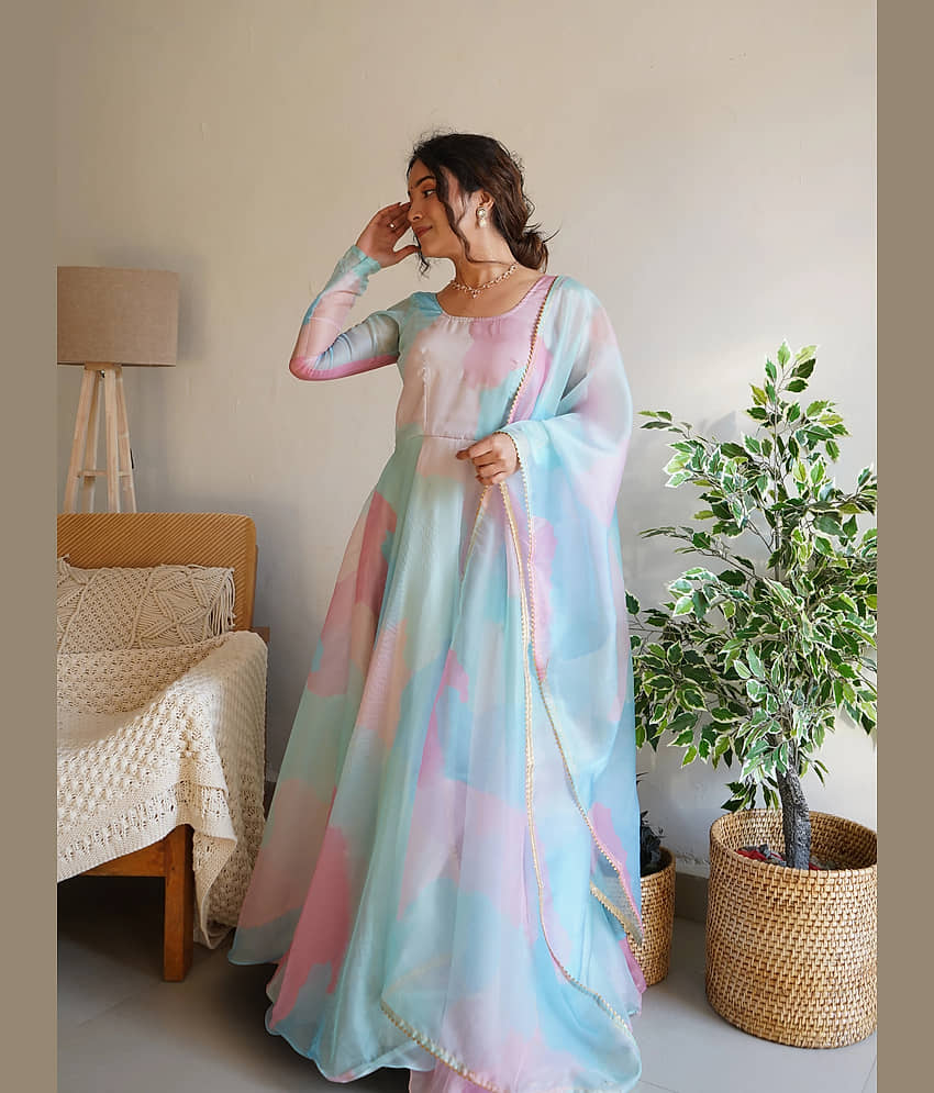 Trijal Fab Turquoise Anarkali Georgette Women's Stitched Ethnic Gown ( Pack of 1 ) - Unstitched Fabrics | Buy online on ZillyBuy