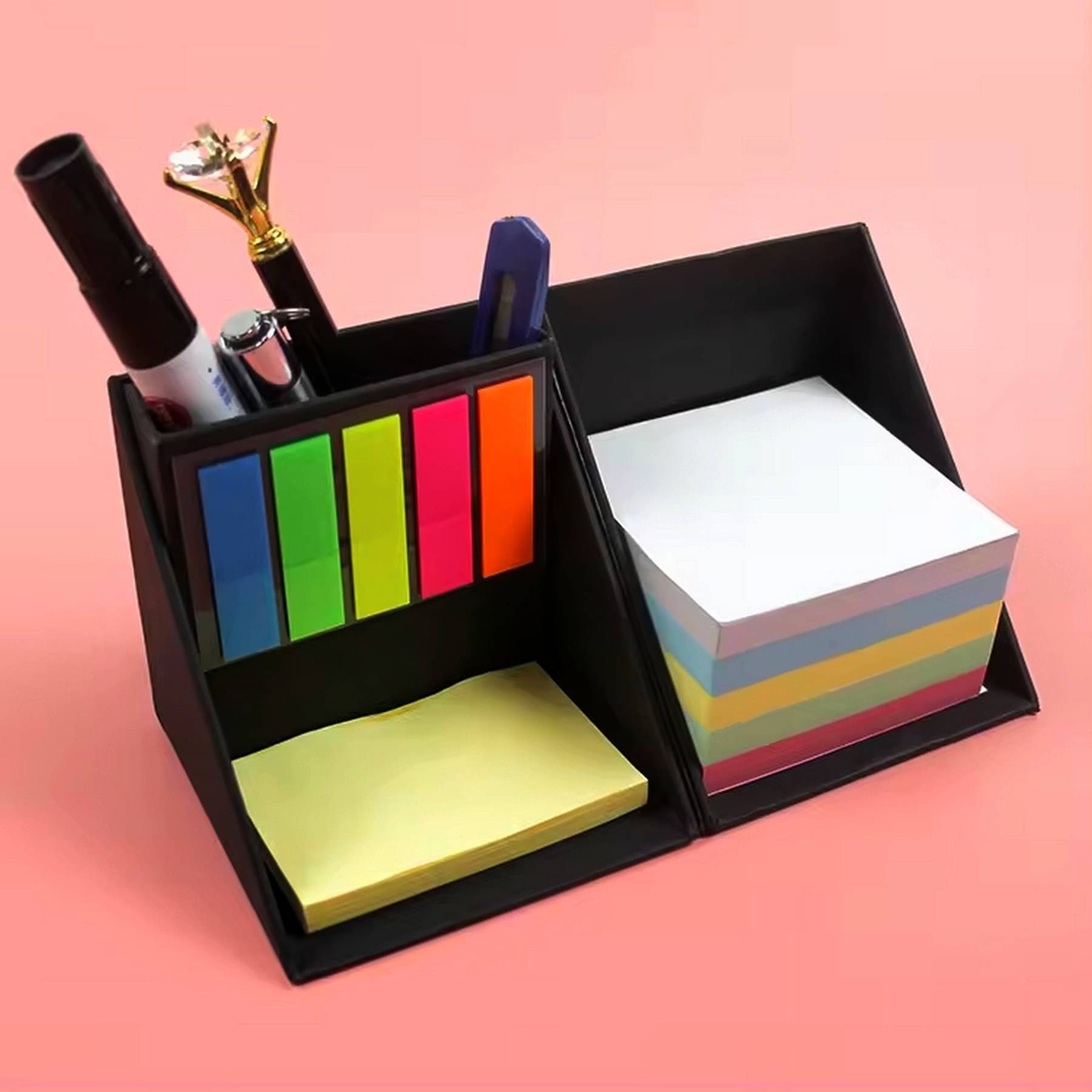    			UJJi Multi-Purpose Stationery Cube, 5 Layers Sticky Note Holder with Pen, Pencil Tray, Colorful Posters, Black