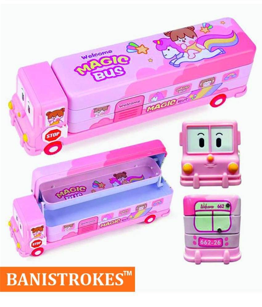 Cartoon Printed School Bus Metal Pencil Box With Moving Tyres And Sharpener For Kids - Cartoon Printed School Bus Metal Pencil Box With Moving Tyres And Sharpener For Kids -