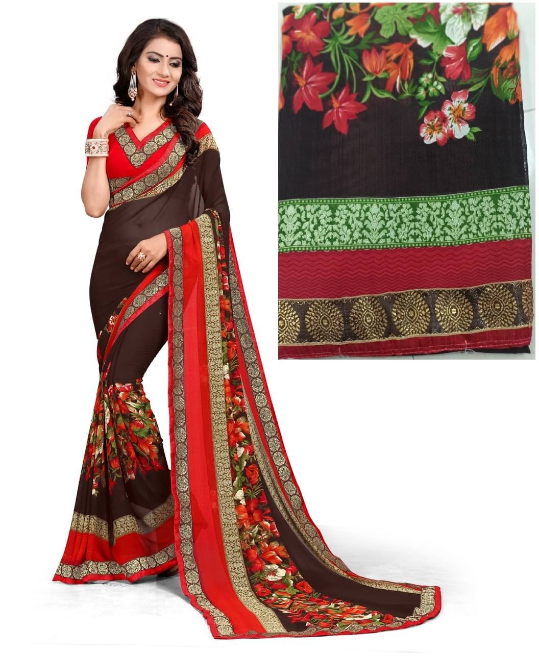     			Kanooda Prints Georgette Printed Saree With Unstitched Blouse Piece ( Brown )