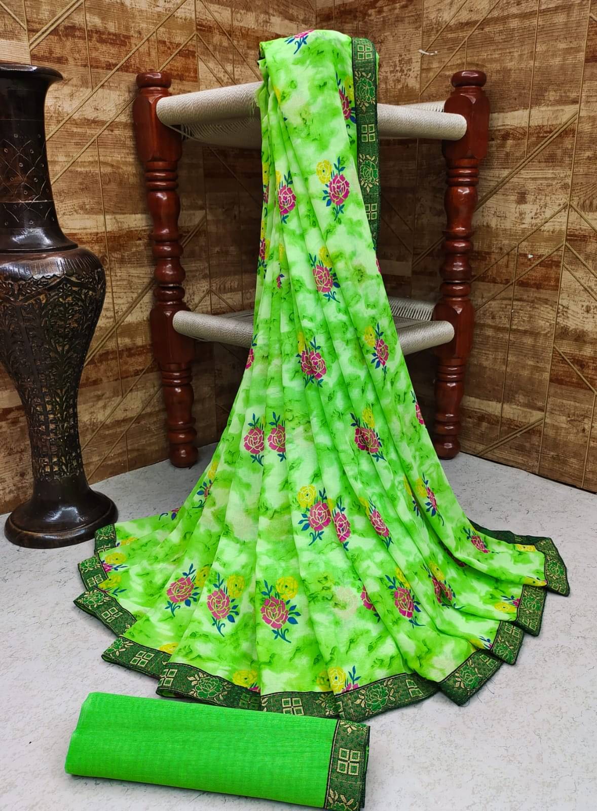 Kanooda Prints Georgette Printed Saree With Unstitched Blouse Piece ( Green ) Kanooda Prints Georgette Printed Saree With Unstitched Blouse Piece ( Green )