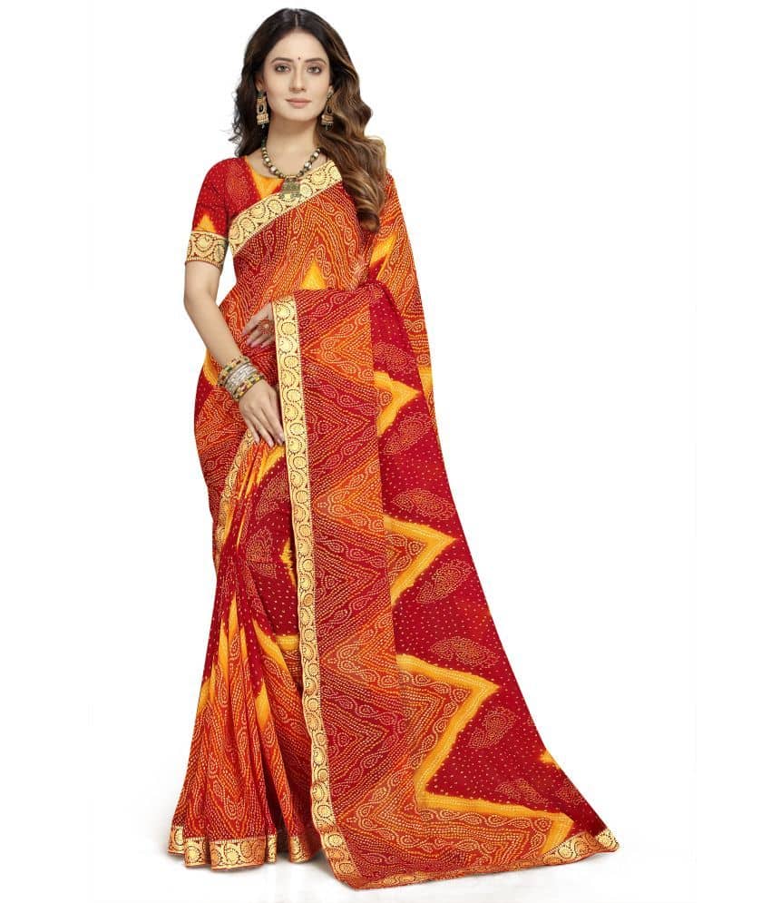 Kanooda Prints Georgette Printed Saree With Unstitched Blouse Piece ( Red )
