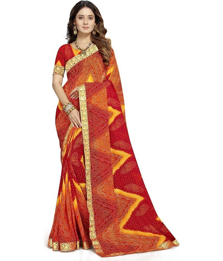 Kanooda Prints Georgette Printed Saree With Unstitched Blouse Piece ( Red )