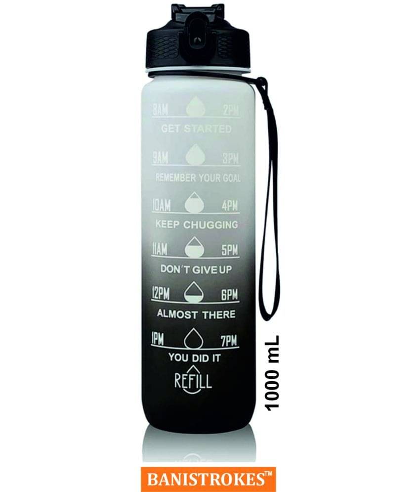     			Motivational Time Marker Water Bottle 1 litre Leakproof Durable Non-Toxic Drinking Water Bottle for Office Gym Fitness Sports Sipper Water Bottle (Black & White), Plastic