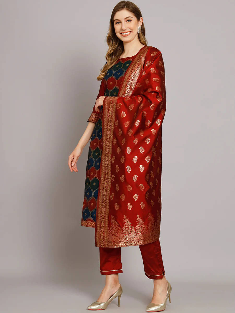 Trijal Fab Banarasi Printed Kurti With Pants Women's Stitched Salwar Suit - Red ( Pack of 1 ) Trijal Fab Banarasi Printed Kurti With Pants Women's Stitched Salwar Suit - Red ( Pack of 1 )