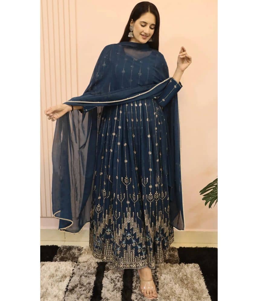 kedar fab Blue Anarkali Georgette Women's Stitched Ethnic Gown ( Pack of 1 ) - Unstitched Fabrics | Buy online on ZillyBuy