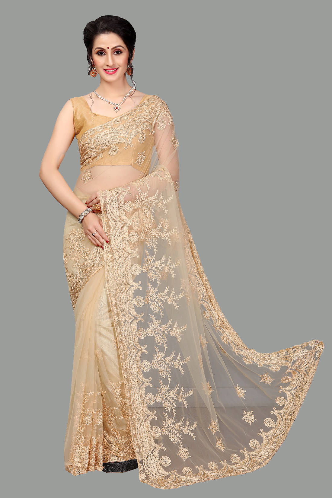 A TO Z CART Net Embroidered Saree With Blouse Piece - Cream ( Pack of 1 ) A TO Z CART Net Embroidered Saree With Blouse Piece - Cream ( Pack of 1 )