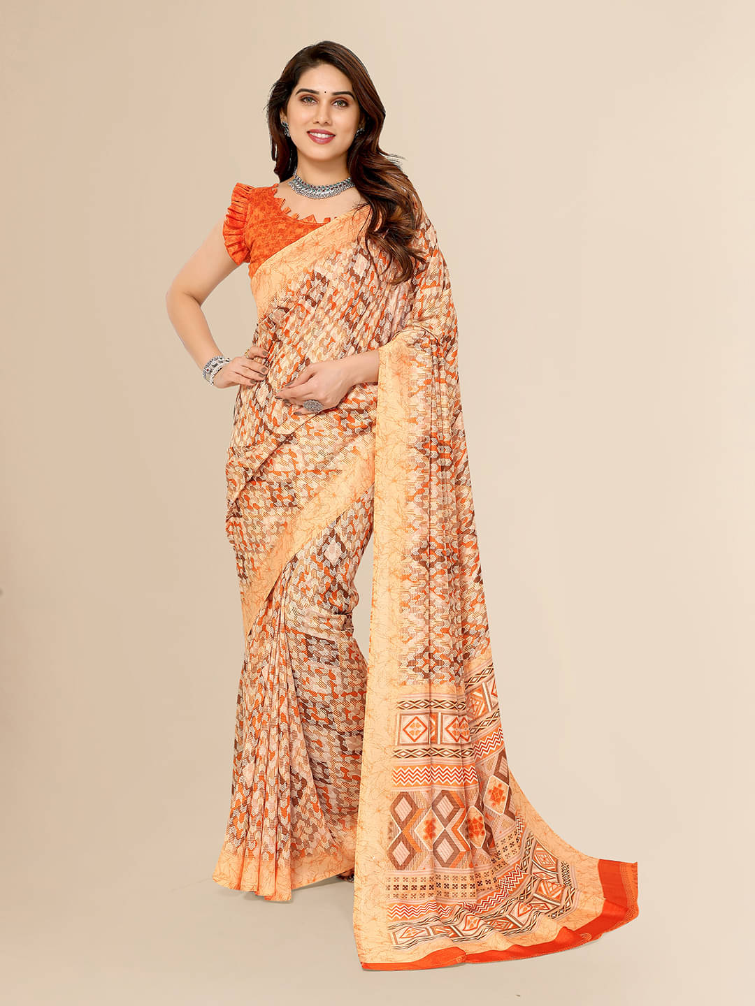 ANAND SAREES Silk Blend Printed Saree With Unstitched Blouse Piece ( Orange ) ANAND SAREES Silk Blend Printed Saree With Unstitched Blouse Piece ( Orange )