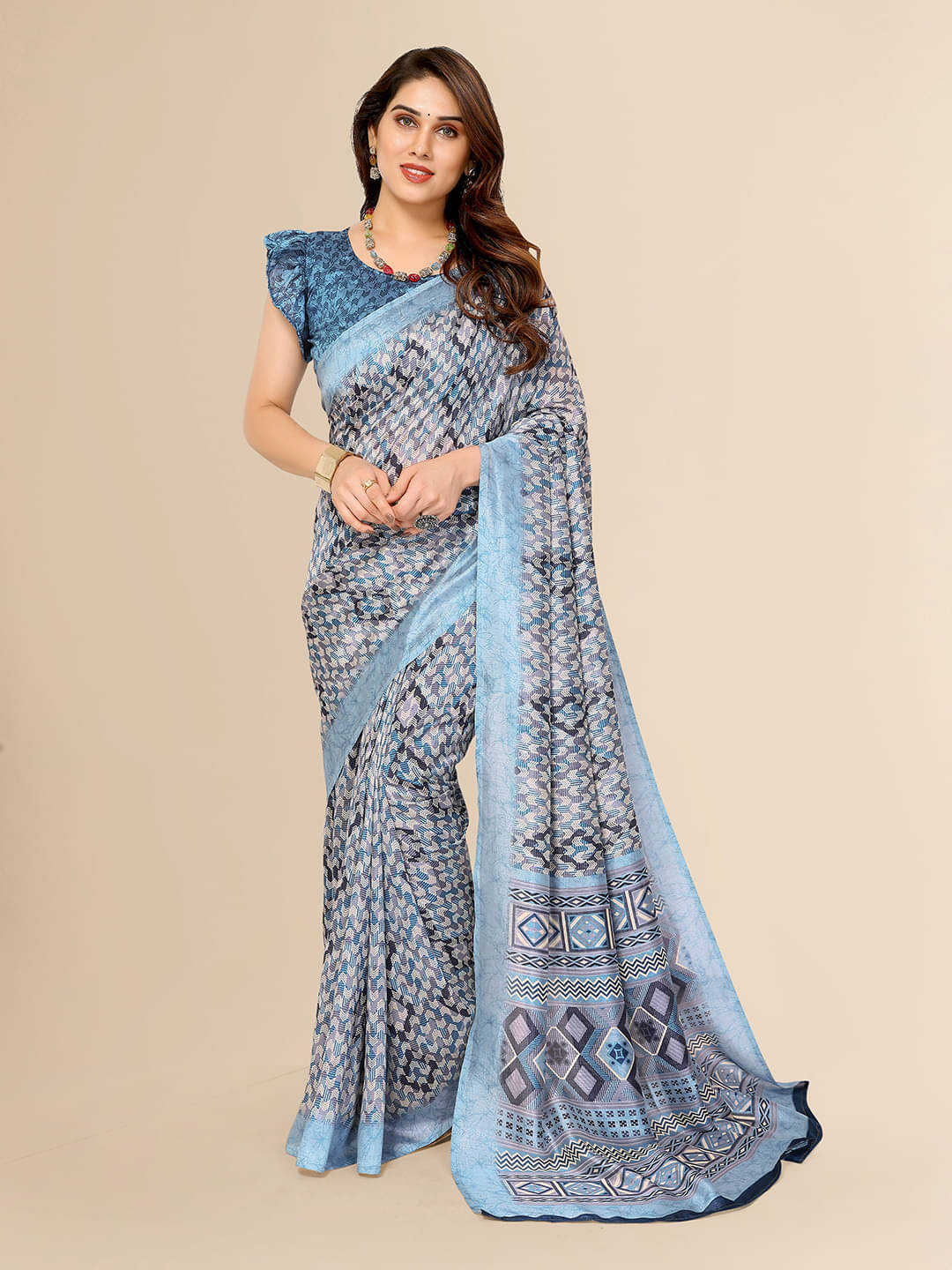 ANAND SAREES Silk Blend Printed Saree With Unstitched Blouse Piece ( Blue ) ANAND SAREES Silk Blend Printed Saree With Unstitched Blouse Piece ( Blue )