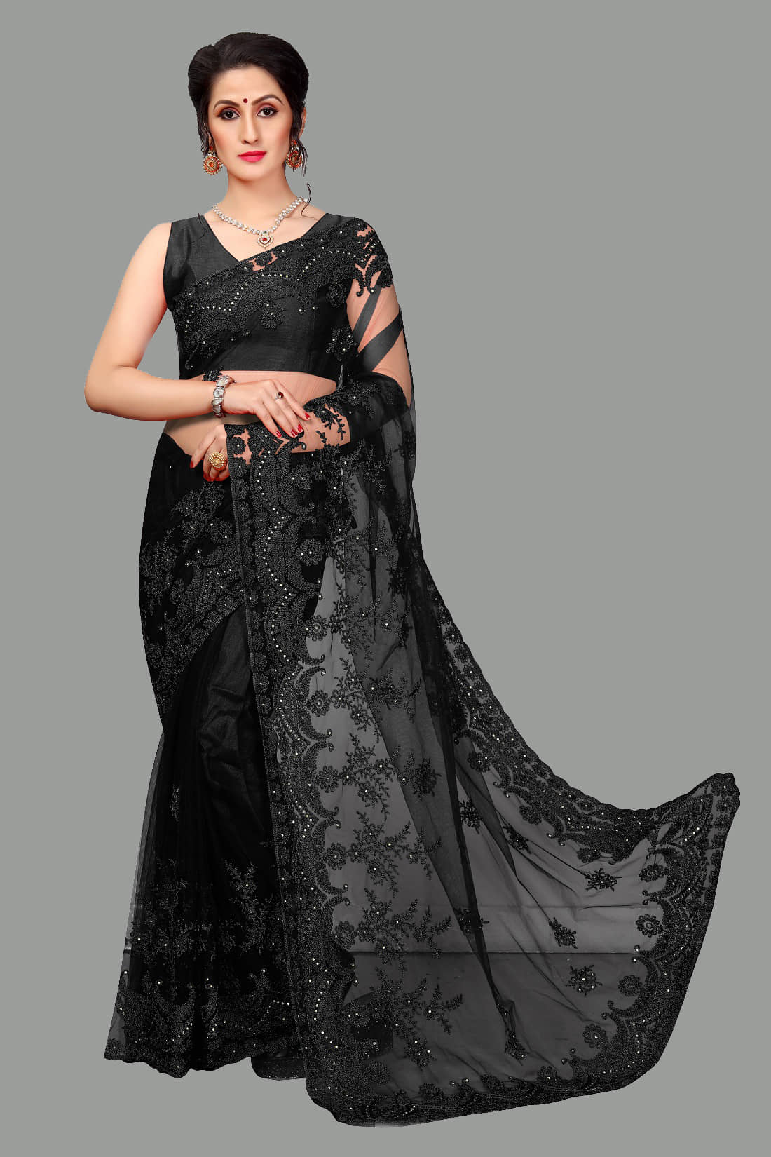 Aika Net Embroidered Saree With Blouse Piece - Black ( Pack of 1 ) - Sarees | Buy online on ZillyBuy