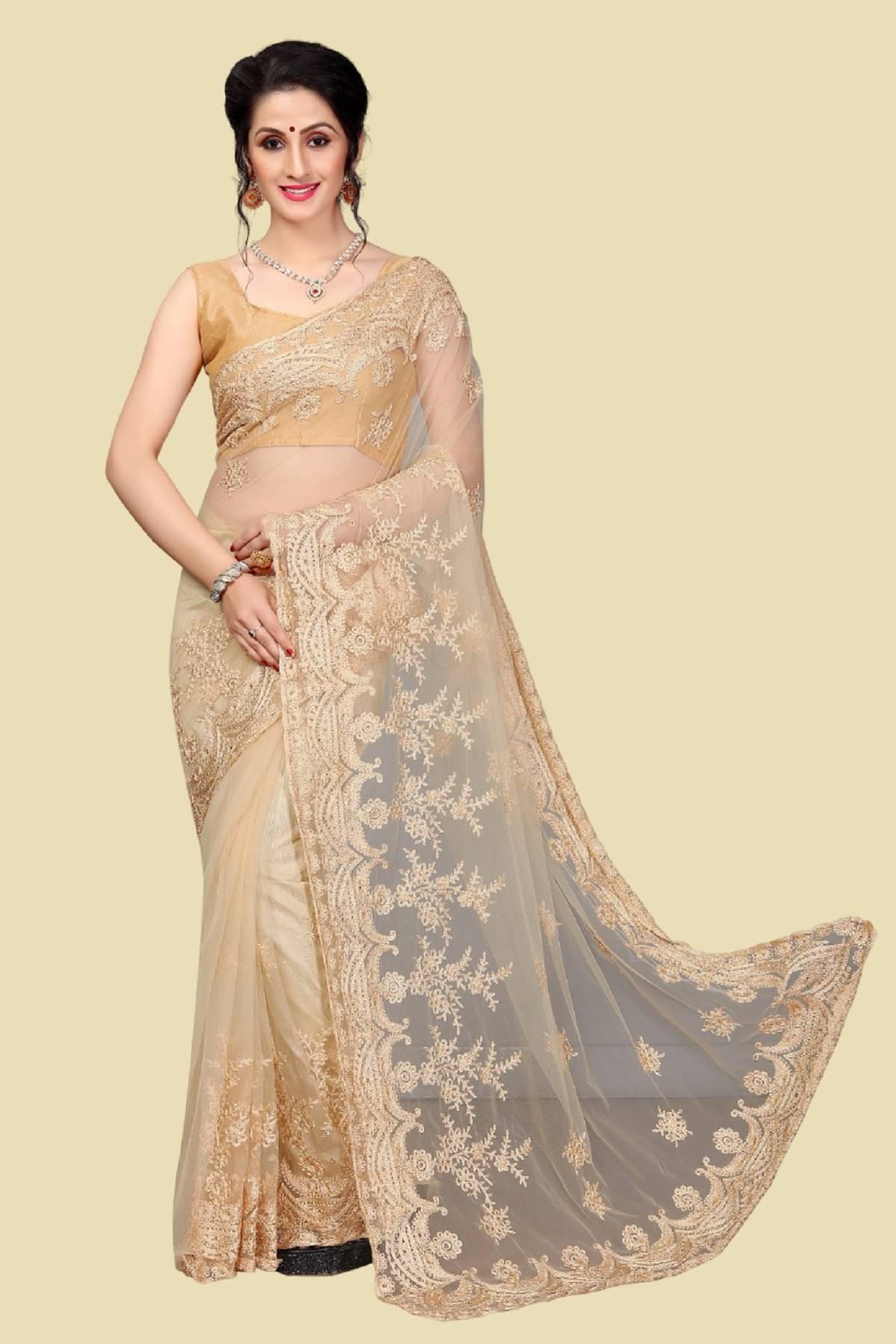 Aika Net Embroidered Saree With Blouse Piece - Cream ( Pack of 1 ) Aika Net Embroidered Saree With Blouse Piece - Cream ( Pack of 1 )