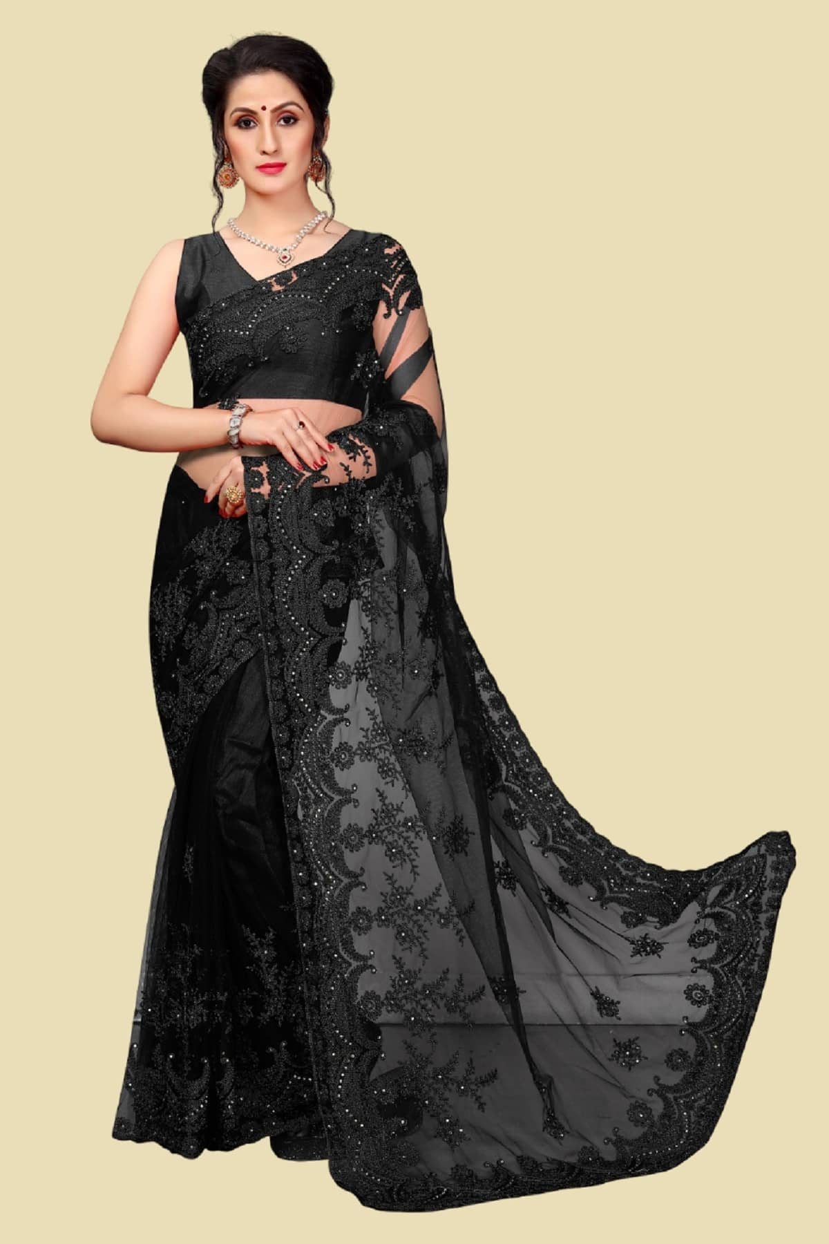 Aika Net Embroidered Saree With Blouse Piece - Black ( Pack of 1 ) - Sarees | Buy online on ZillyBuy