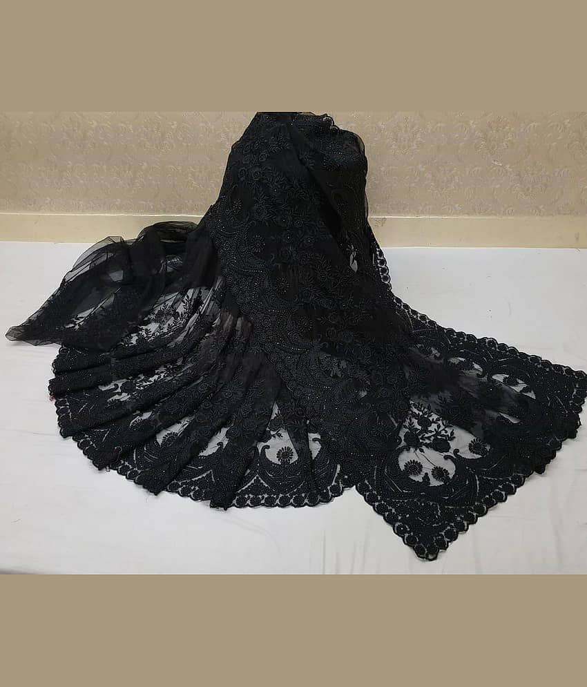 Apnisha Net Embroidered Saree With Unstitched Blouse Piece ( Black ) - Sarees | Buy online on ZillyBuy