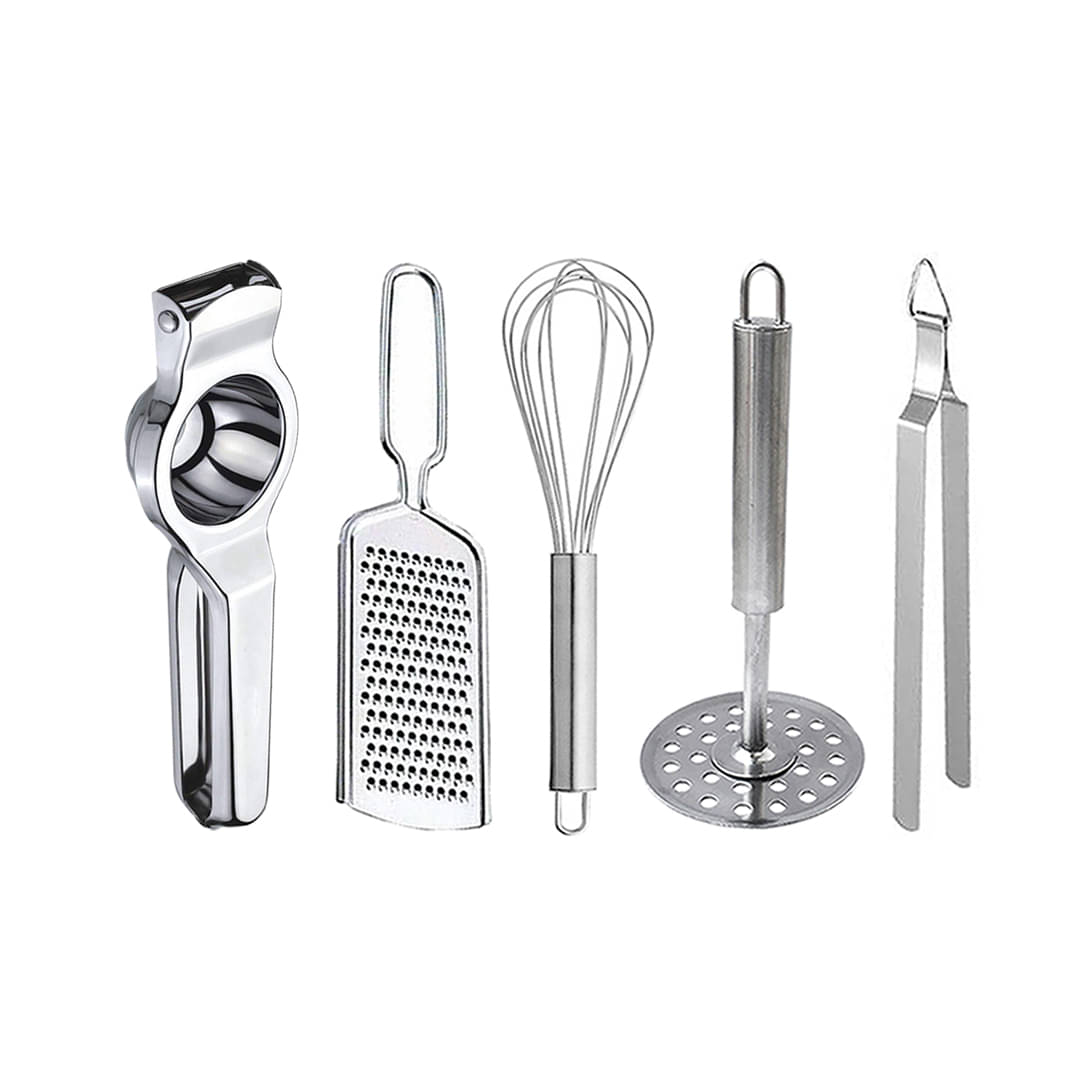     			OC9 Silver Stainless Steel Lemon Squeezer+Cheese Grater+Whisk+Masher+Chimta ( Set of 5 )
