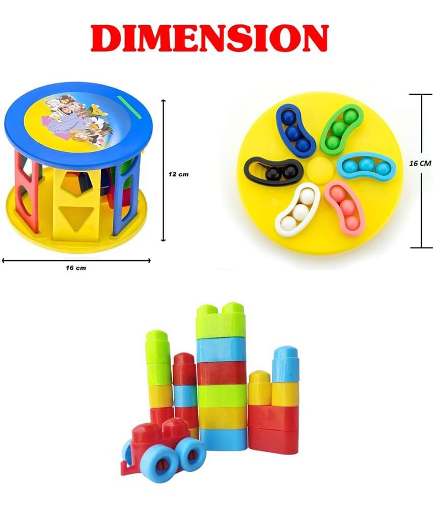     			RAINBOW RIDERS Combo of 3 (Shape Sorting Cylinder + Magic Spin + Building Bricks Block  Including Wheels)  Educational Learning Toys  Shapes & Colour Recognition Toys for Boys Girls Age 2 3 4 5 6+ Years (Plastic, Multicolour)