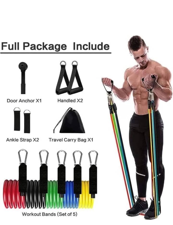     			Resistance Bands 11 pcs Set, Stretching and Exercise, Toning Tube kit with Door Anchor, Foam Handles, Leg Ankle Strap