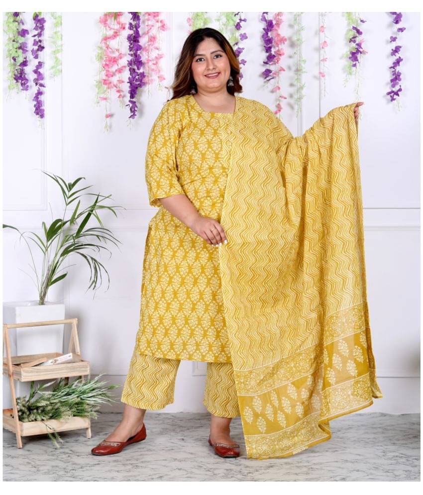 Swasti Cotton Printed Kurti With Palazzo Women's Stitched Salwar Suit - Yellow ( Pack of 1 ) Swasti Cotton Printed Kurti With Palazzo Women's Stitched Salwar Suit - Yellow ( Pack of 1 )