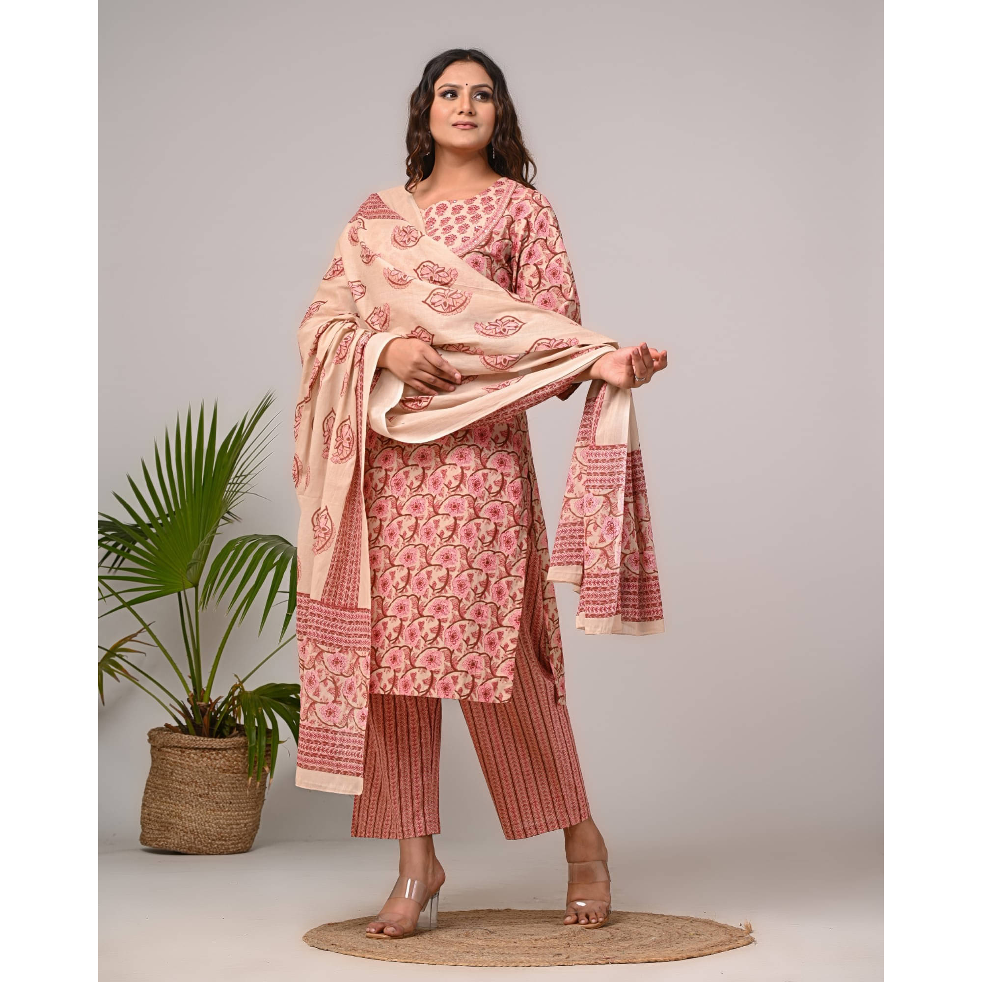     			Swasti Cotton Printed Kurti With Palazzo Women's Stitched Salwar Suit - Pink ( Pack of 1 )
