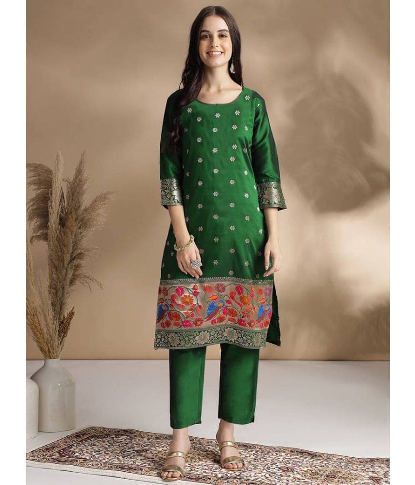 Trijal Fab Banarasi Embellished Kurti With Pants Women's Stitched Salwar Suit - Green ( Pack of 1 ) Trijal Fab Banarasi Embellished Kurti With Pants Women's Stitched Salwar Suit - Green ( Pack of 1 )