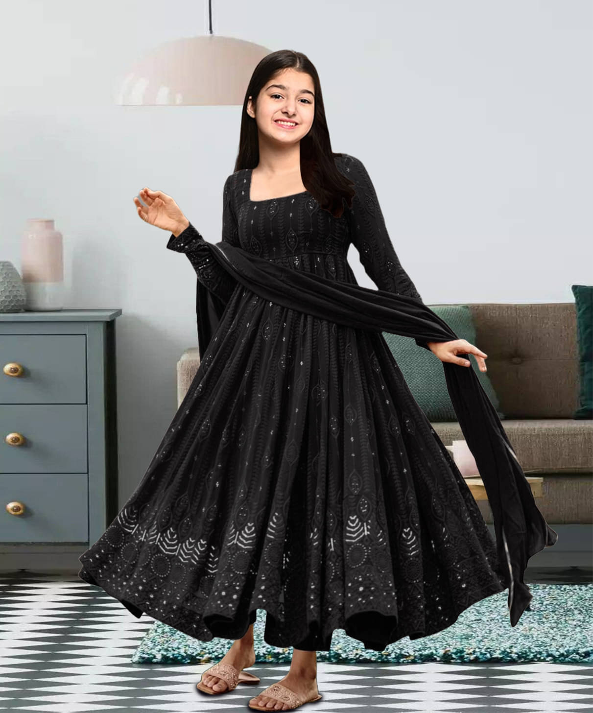 Trijal Fab Georgette Fit And Flare Dress For Girls ( Pack of 1 , Black ) Trijal Fab Georgette Fit And Flare Dress For Girls ( Pack of 1 , Black )