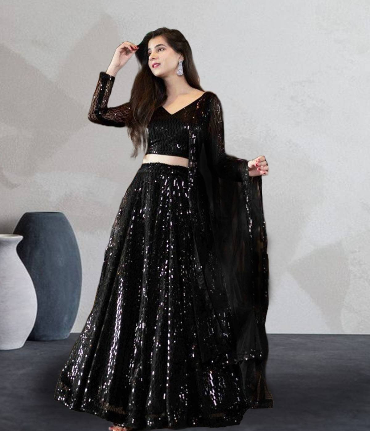 Trijal Fab Black Net Circular Semi Stitched Lehenga Single Trijal Fab Black Net Circular Semi Stitched Lehenga Single