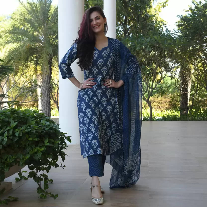 Trijal Fab Cotton Blend Printed Kurti With Pants Women's Stitched Salwar Suit - Blue ( Pack of 1 ) Trijal Fab Cotton Blend Printed Kurti With Pants Women's Stitched Salwar Suit - Blue ( Pack of 1 )