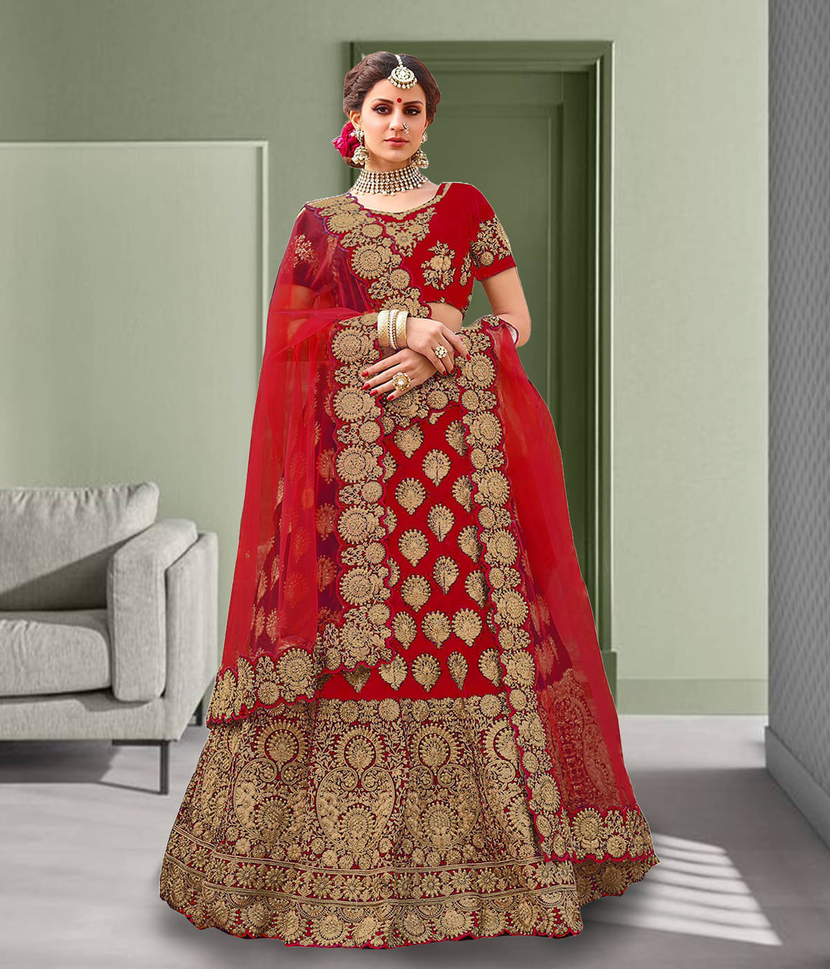     			Trijal Fab Red Silk Blends A-line Semi Stitched Lehenga