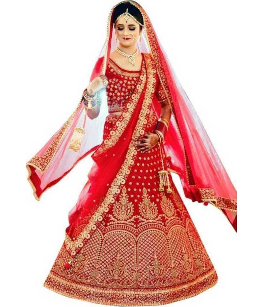 Trijal Fab Red Silk Blends Circular Semi Stitched Lehenga Trijal Fab Red Silk Blends Circular Semi Stitched Lehenga