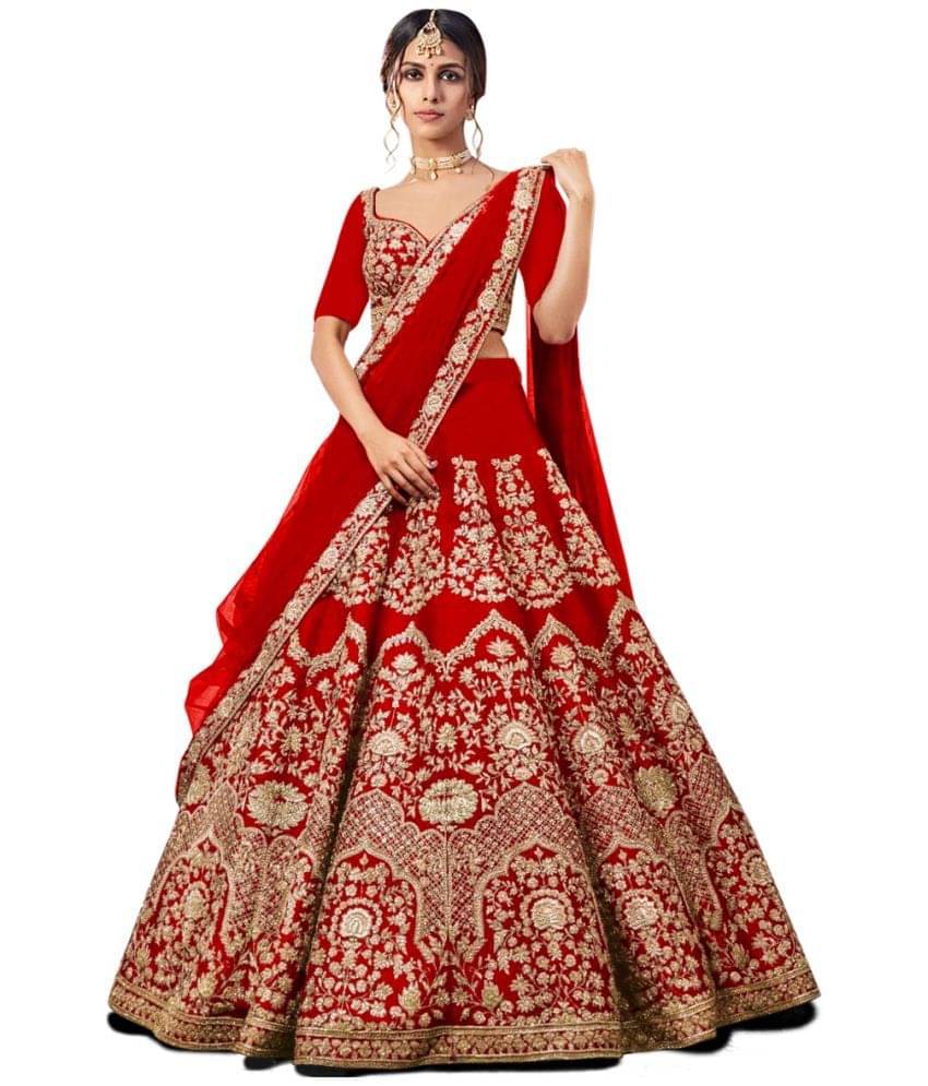     			Trijal Fab Red Silk Blends Circular Semi Stitched Lehenga