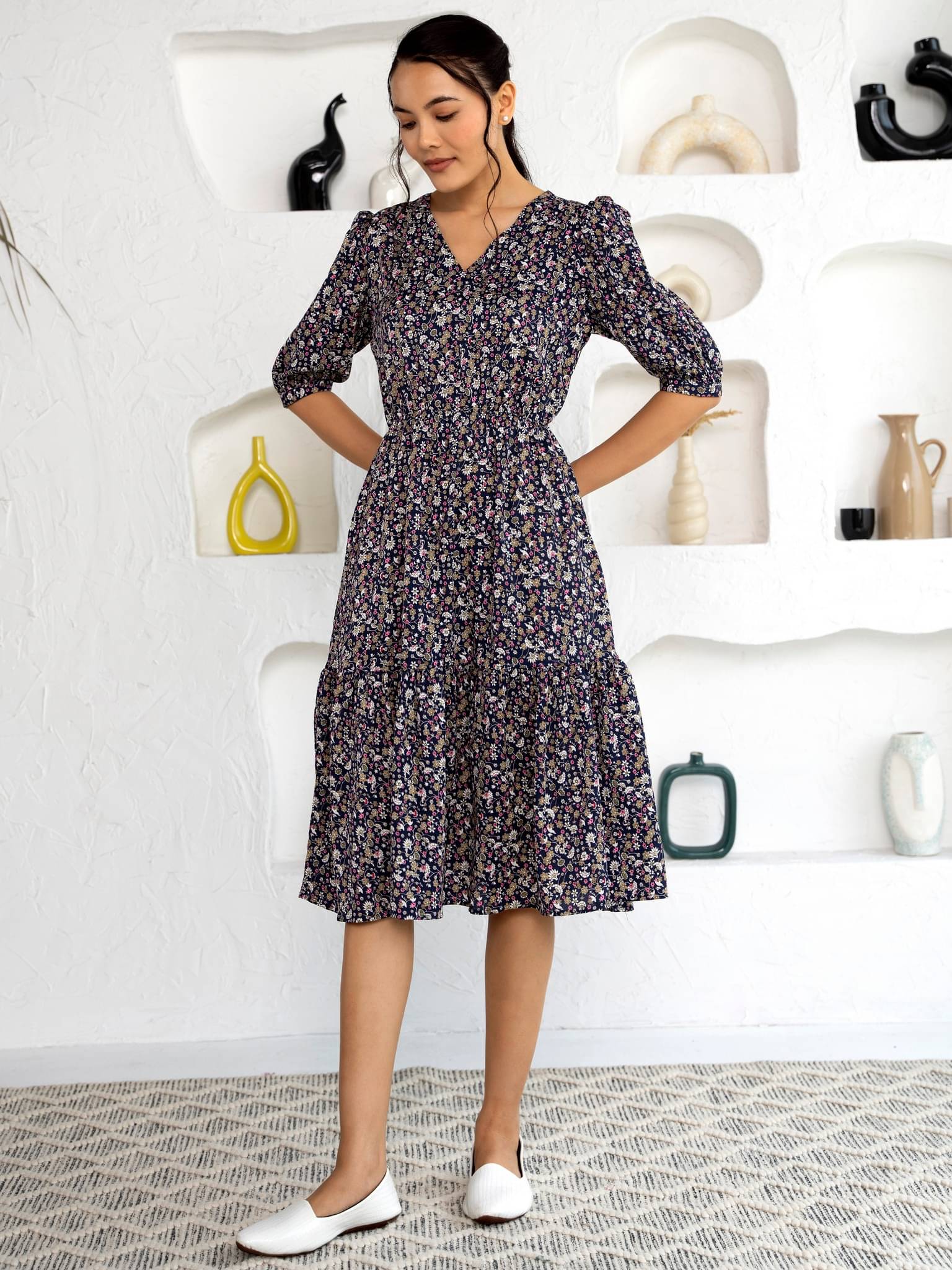     			aask Women Polyester Printed Fit & Flare Dress ( Navy Blue )