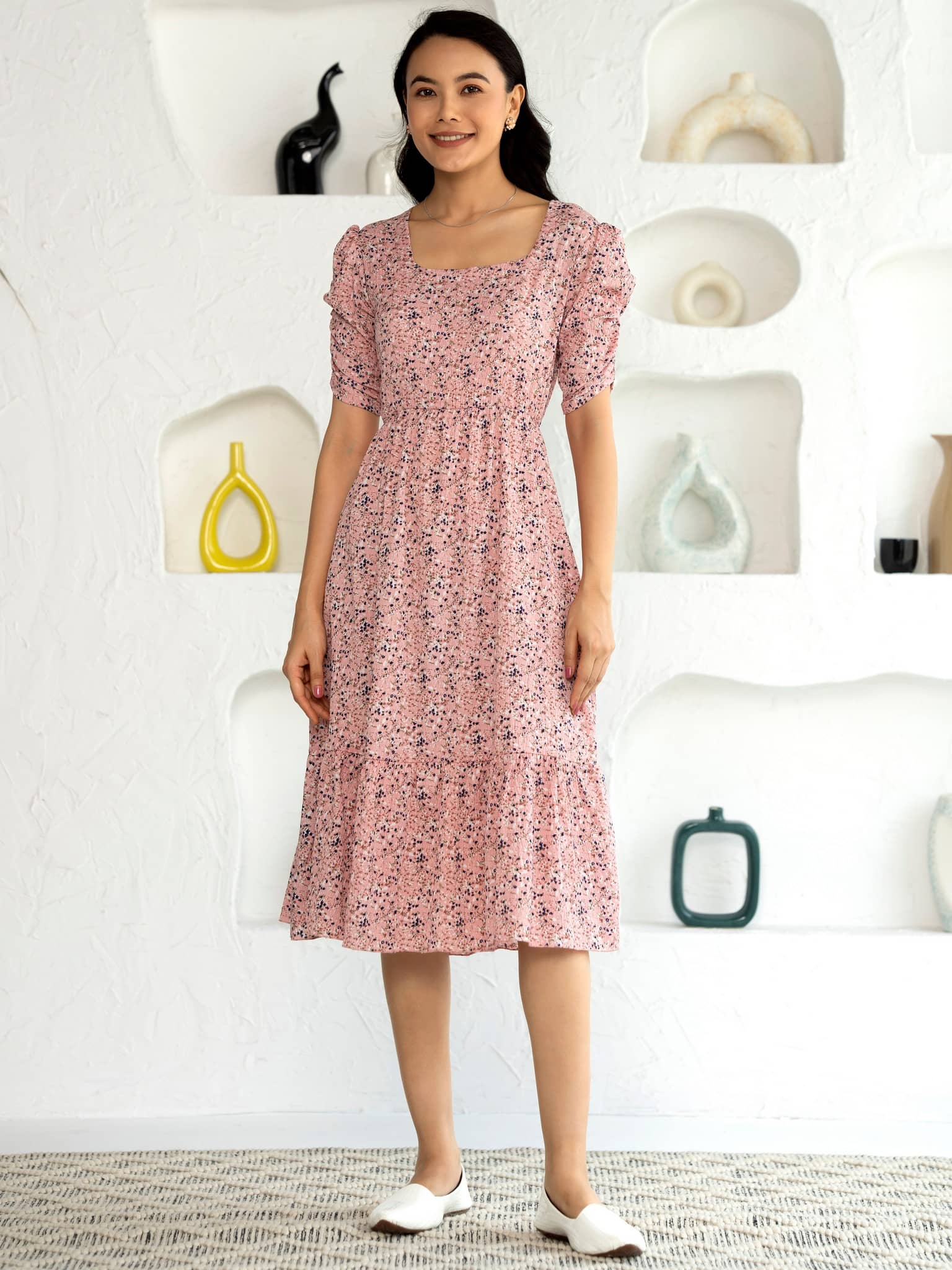 aask Women Polyester Printed Fit & Flare Dress ( Peach )